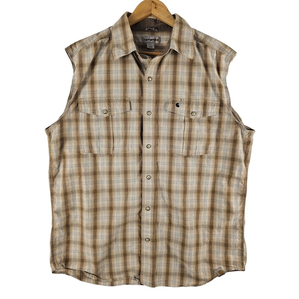 Carhartt Men’s Sz L Beige Plaid Flannel Vest Button Work Shirt 104451 121